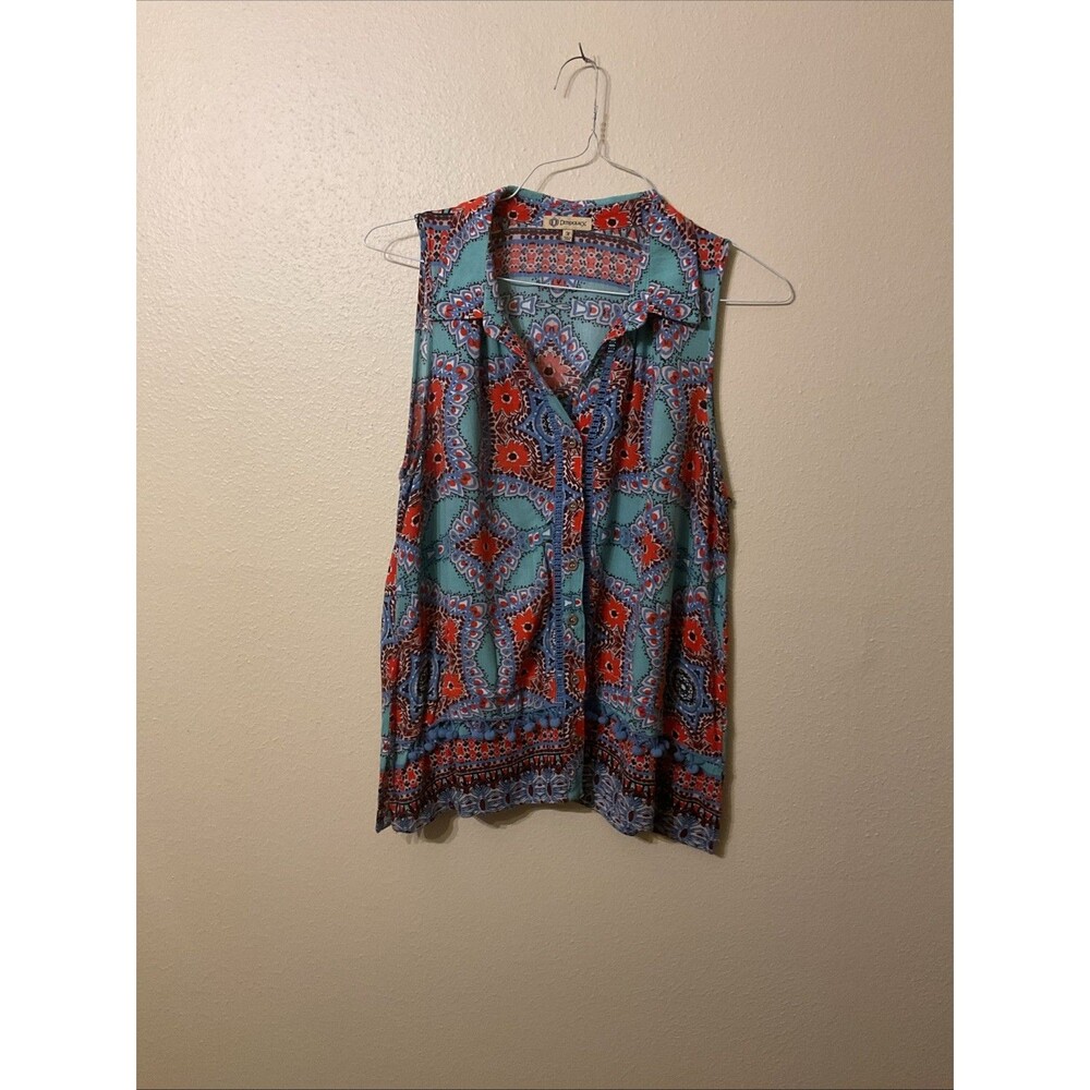 Bohemian Crenellated Democracy Sleeveless Top With Pompom Tassel Fringe M